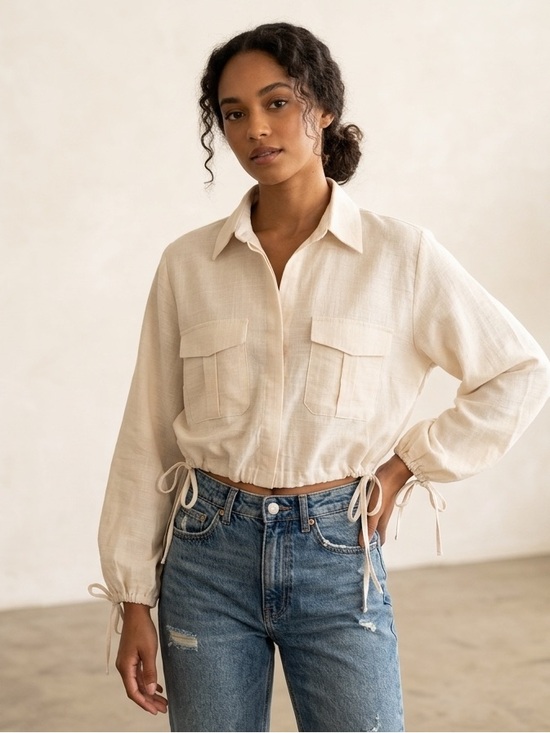 Byou Closet Tops - Women's Cream Cropped Utility Shirt